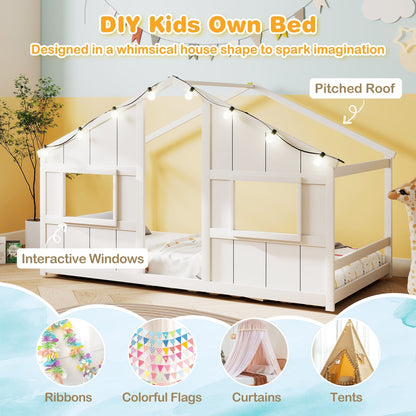 Twin Size House Bed with LED Lights Montessori Slat-free Floor Bed