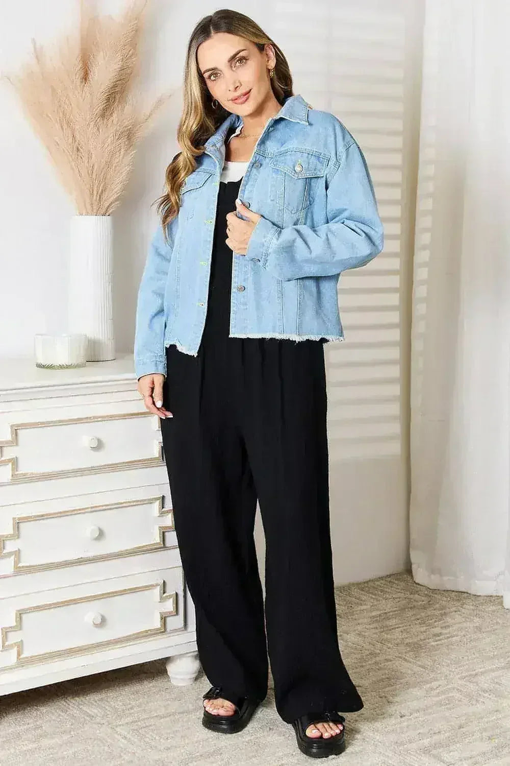 Raw Hem Denim Jacket - Dropped Shoulder Design | Femstylo