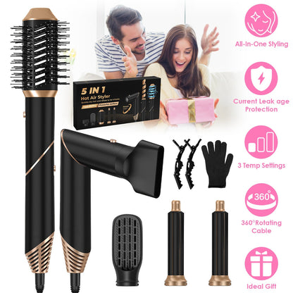 5 In 1 Hot Air Styler Straightener Curler Dryer Automatic Wrap Styler Hair Dryer Brush Set with 3 Temp Settings ALCI Plug Glove Cable Tie 2 Alligator