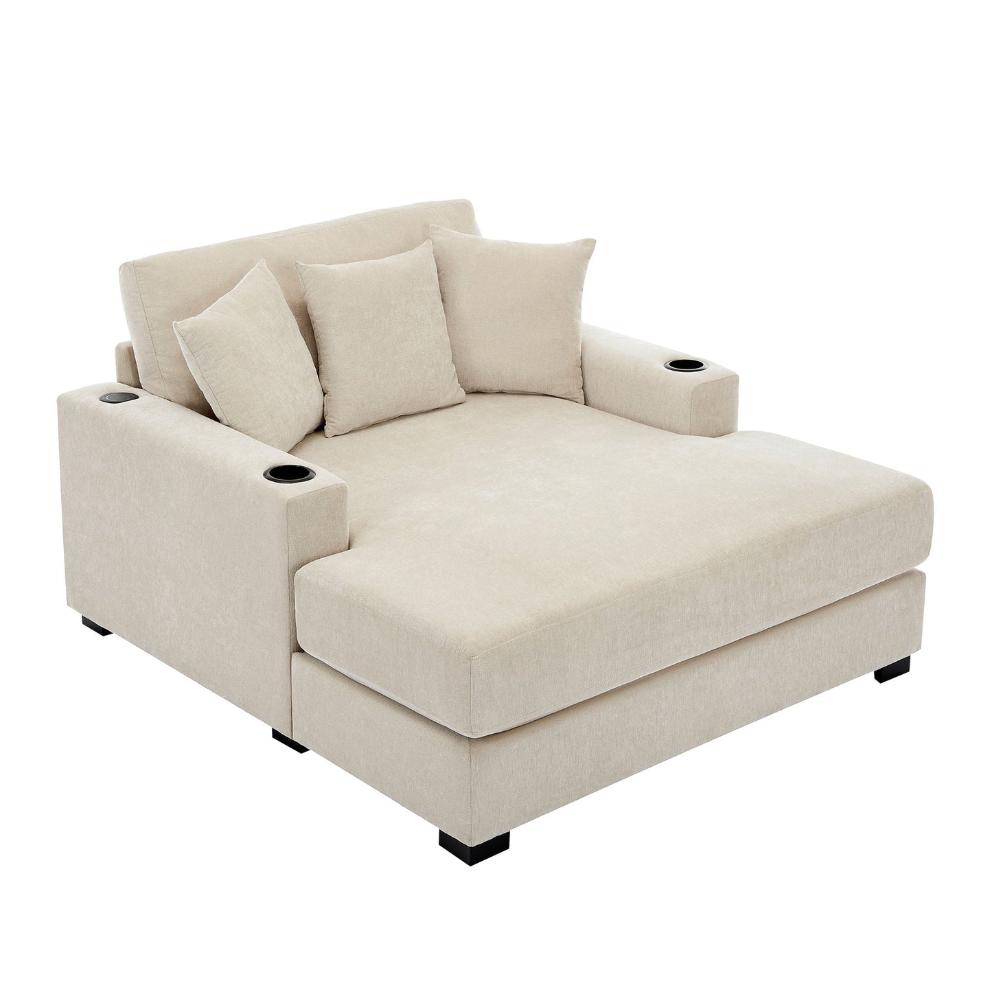 Oversized Chaise Lounger Modern Style Sofa Couch With Pillows, Charge Station & Cup Holders