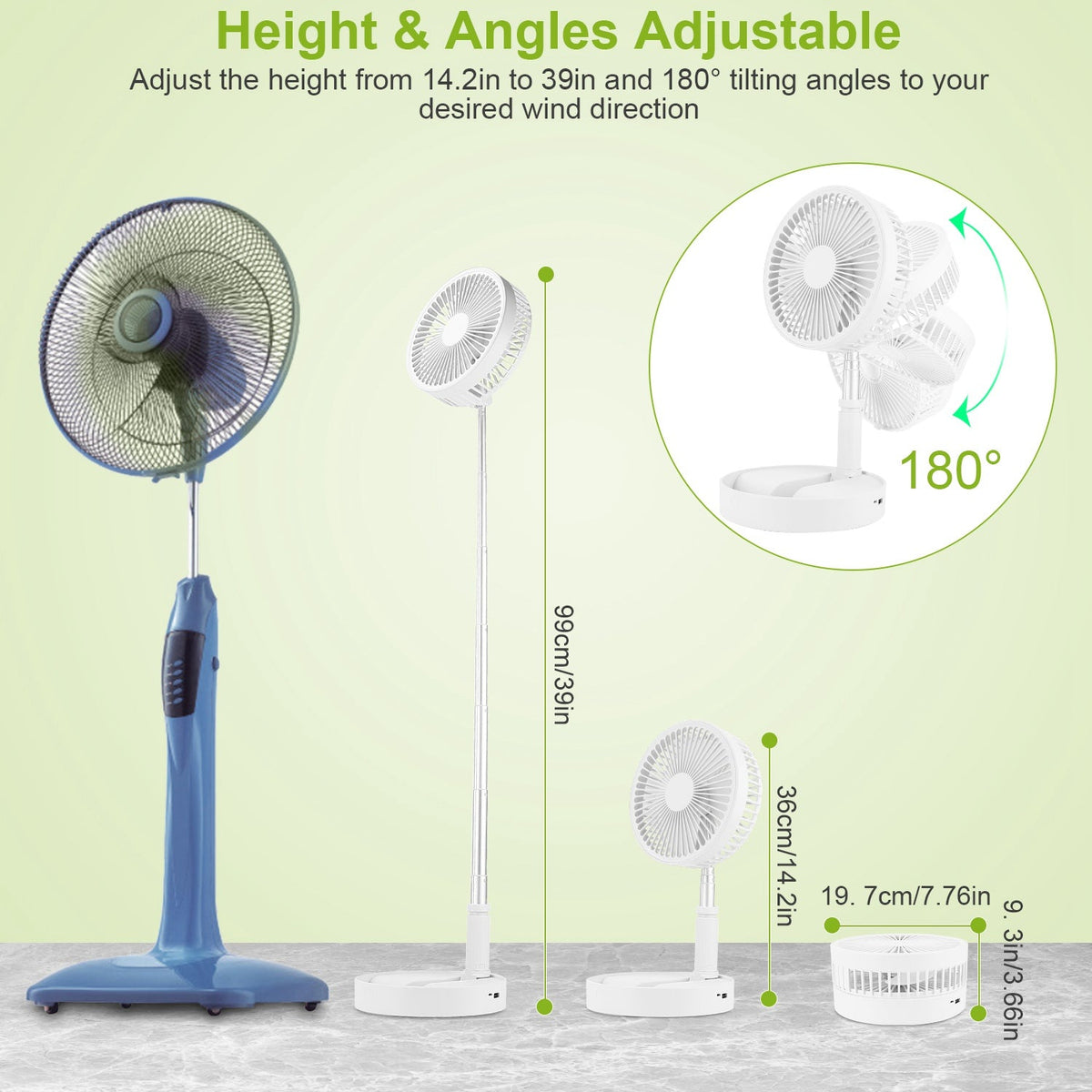 Portable Folding Desk Table Fan Quiet USB Rechargeable Telescopic Standing Floor Fan w/ 4 Speeds Adjustable Height 180¡ Tilting Angle For Office Home