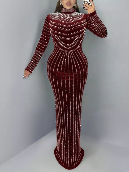 Rhinestone Embellished Mock Neck Long Sleeve Maxi Dress