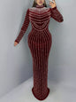 Rhinestone Embellished Mock Neck Long Sleeve Maxi Dress