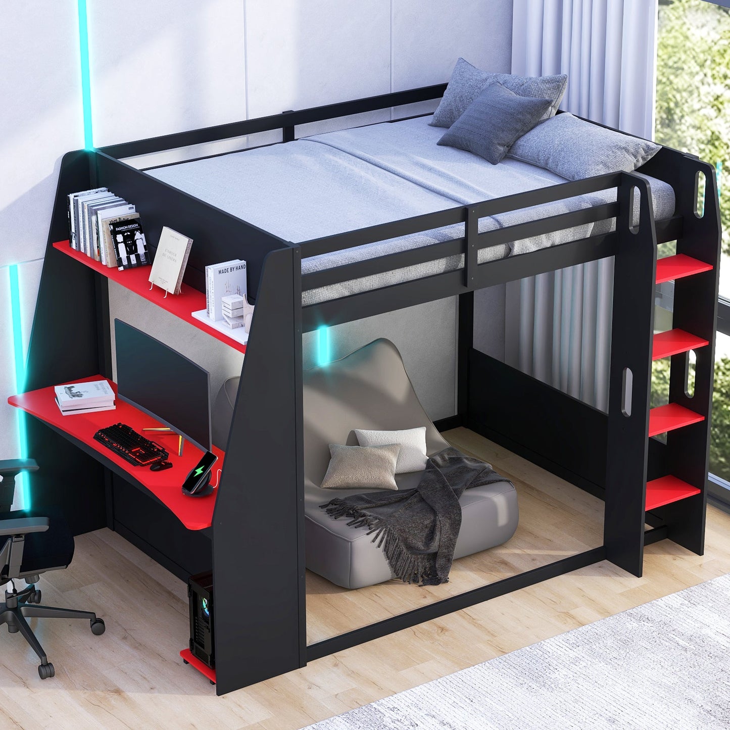 Full Size Wooden Gaming Bunk Bed with Desk, Two Storage Shelves, USB and LED Light