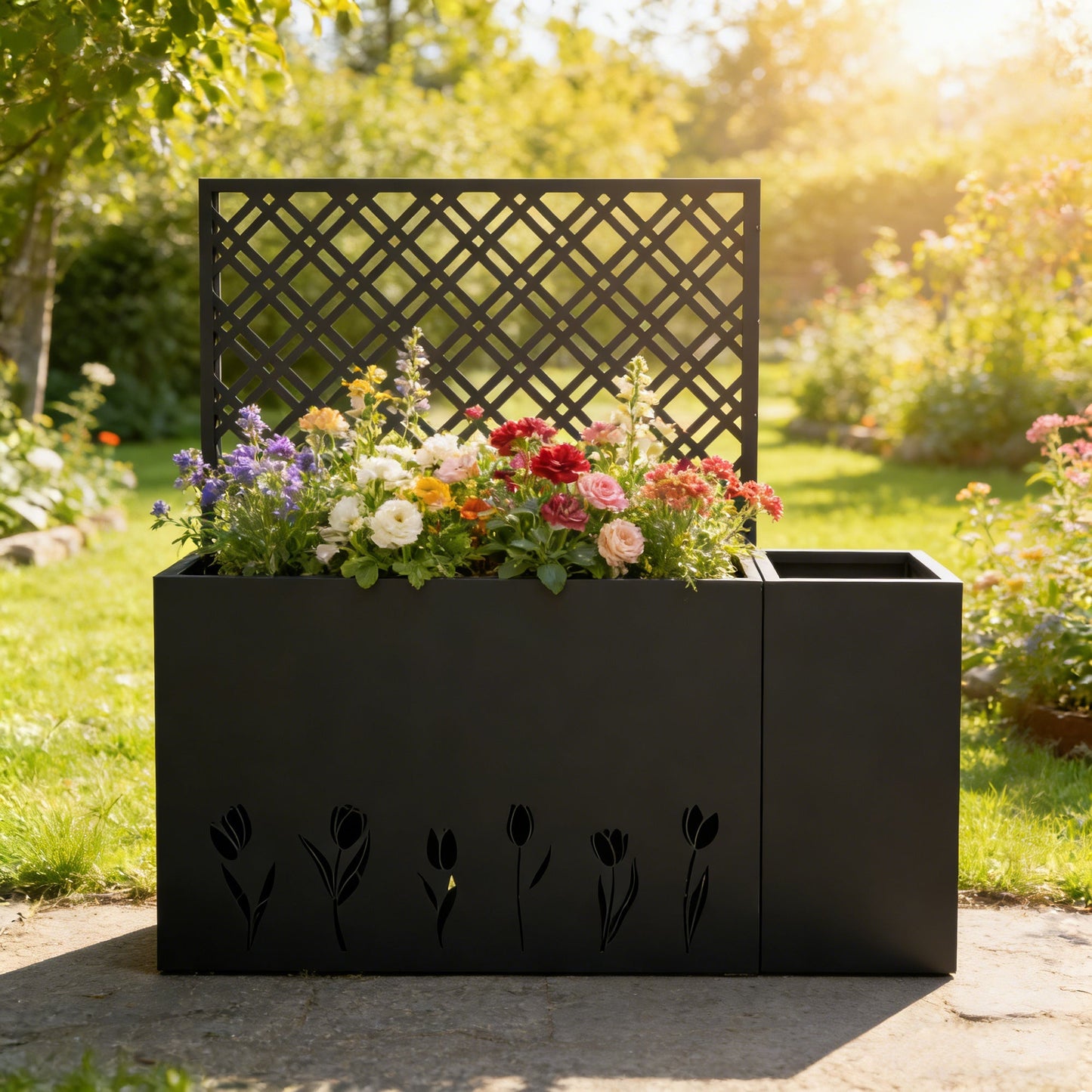 2-Piece Metal Planter Box with Trellis - Tulip Black