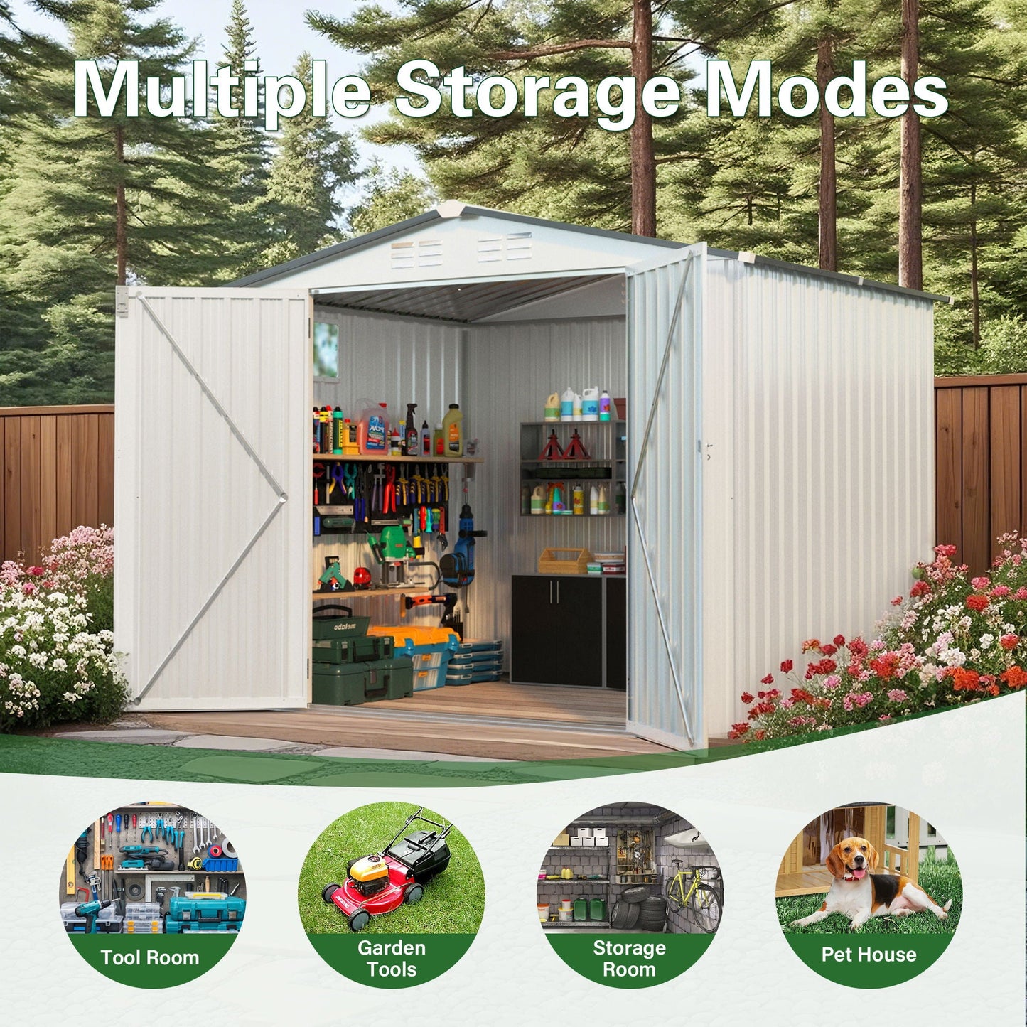 Outdoor Garden Storage Shed, Tool Shed With Pitched Roof Waterproof With 1 Window And 2 Lockable Door - White / Gray