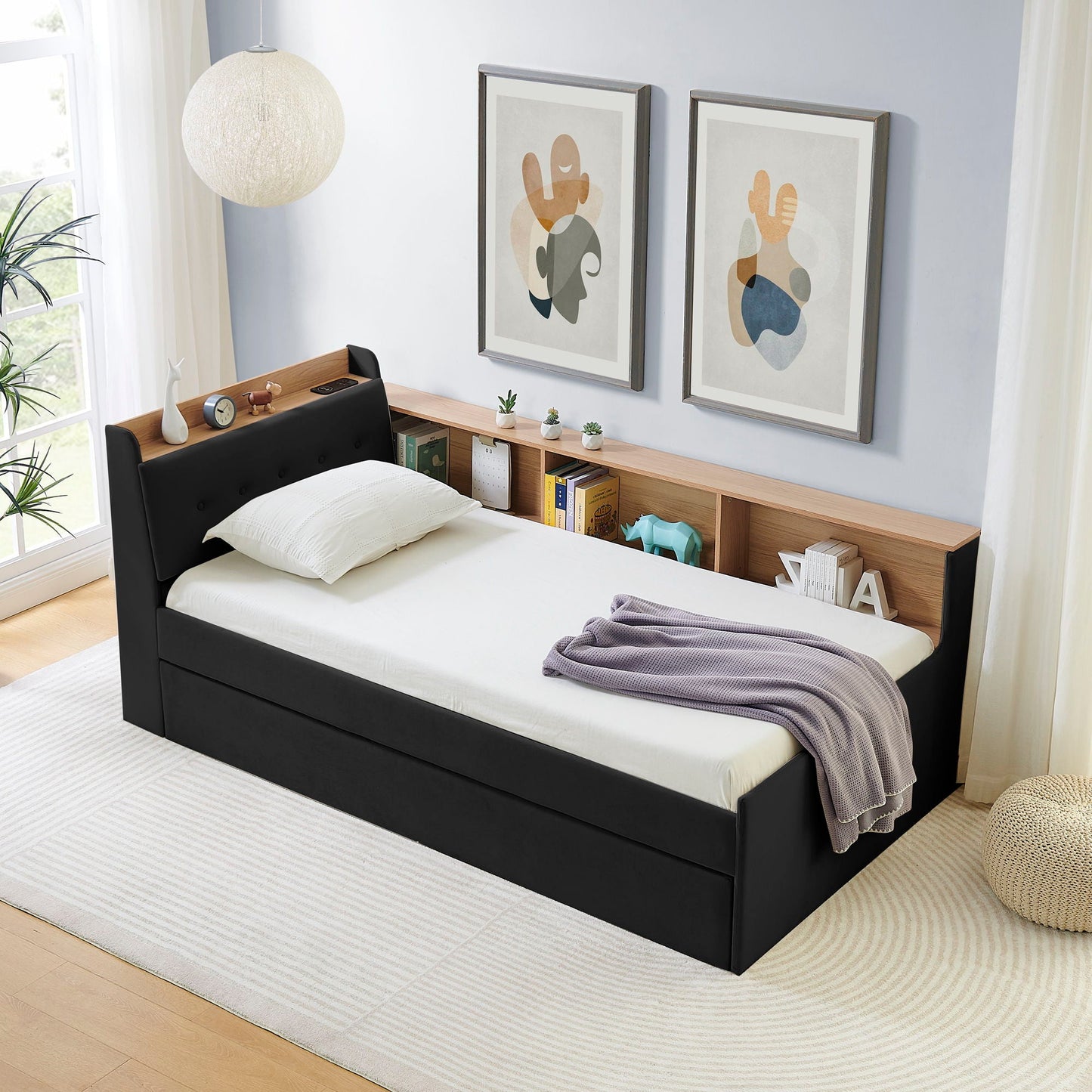 Upholstered Daybed With Storage Headboard, Wireless Charging, LED Lights