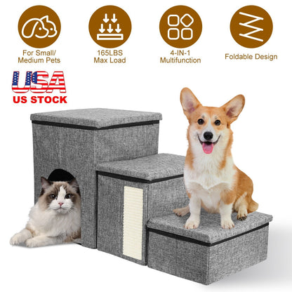 3 Step Pet Stair 4-IN-1 Foldable Dog Ramp Non-Slip Cat Storage Ladder with Scratcher Storage and Pet House for Old Pet Small/Medium Dog/Cat 165LBS Max