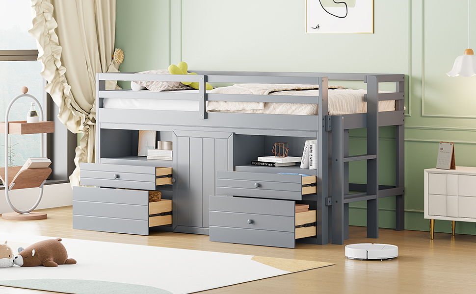 Loft Bed With 4 Drawers, Underneath Cabinet And Shelves