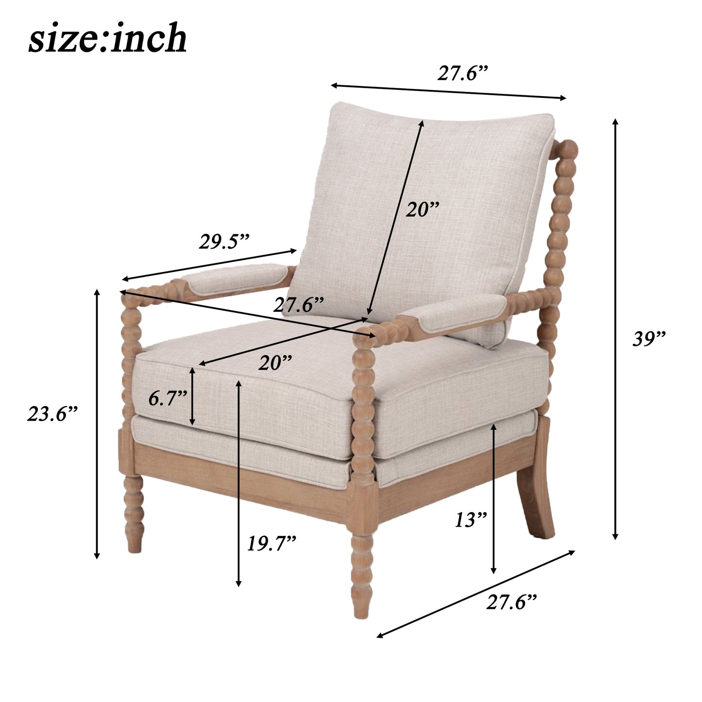 Rubber Wood Accent Chair with Upholstered Fabric and High-Density Sponge Cushion
