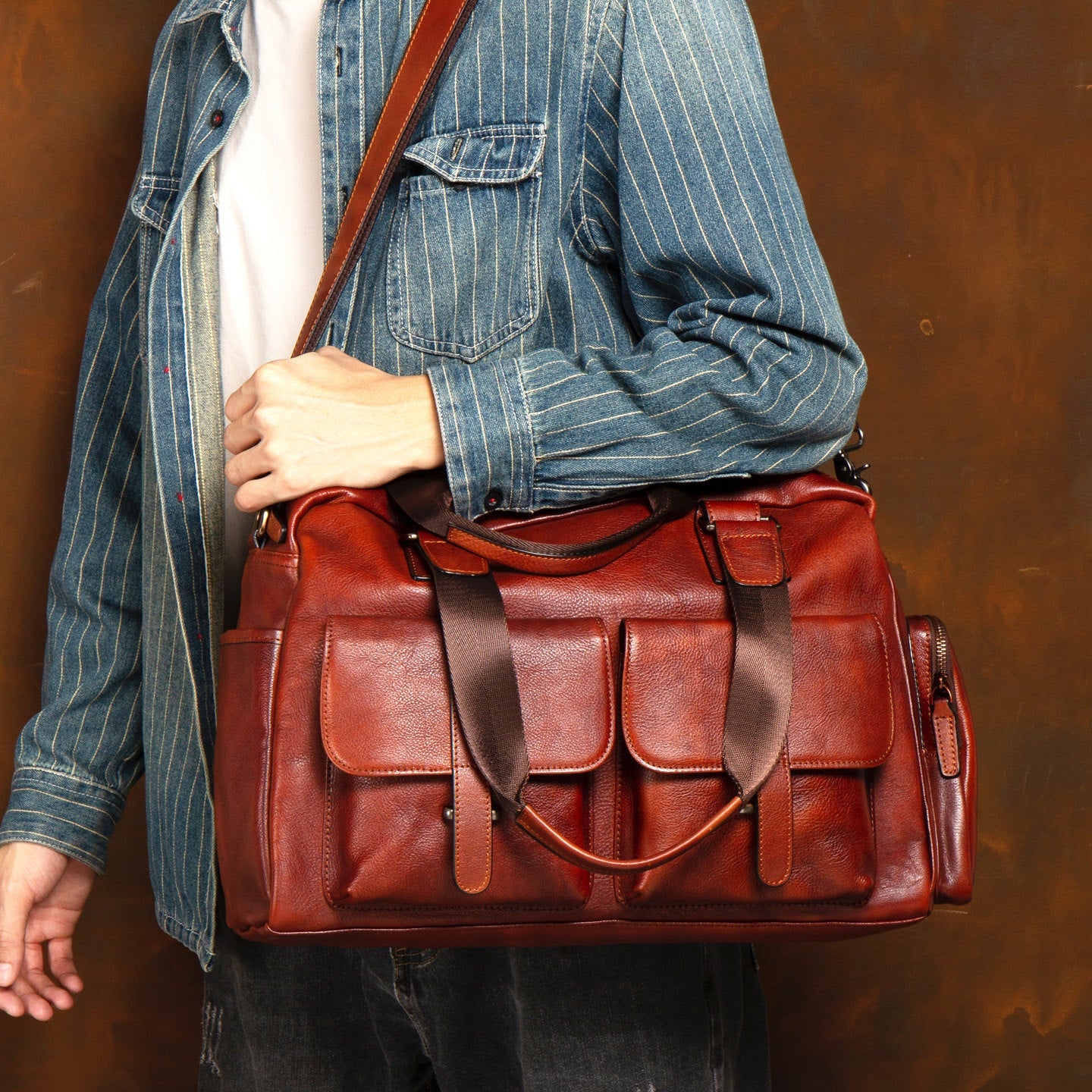 Full-grain Leather Vintage Tote Bag With Large Capacity