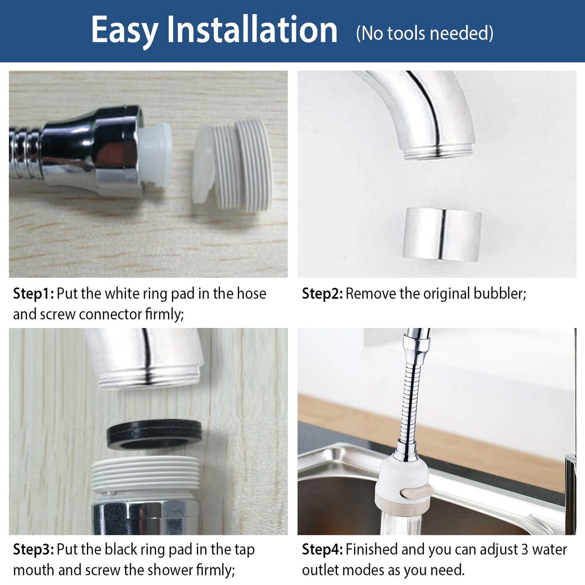 Movable Kitchen Tap Head 360¡ Rotatable Swivel Water-Saving Faucet Anti-Splash Sink Tap Head Spray Aerator w/ Three Modes Flexible Extended Hose For H
