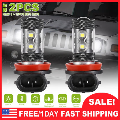 2PCS 800LM 50W H8/H9/H11 LED Fog DRL Light Bulb IP68 Waterproof 10 2835 LEDs 360¡ Beam Angle 6000K White