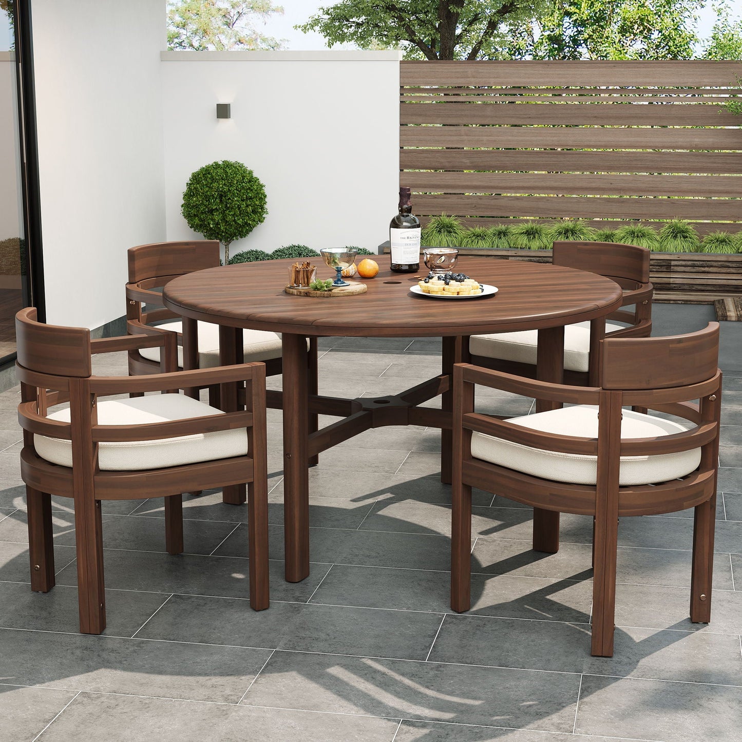 5 Piece Round Patio Table & Cushioned Armrest Chairs, Outdoor Dining Set With Umbrella Hole