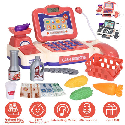Kids Cash Register Pretend Play Cashier Toy with Scanner Calculator Credit Card Money Grocery Products Educational Toy Gift for Kids Aged 3 4 5 6 Year