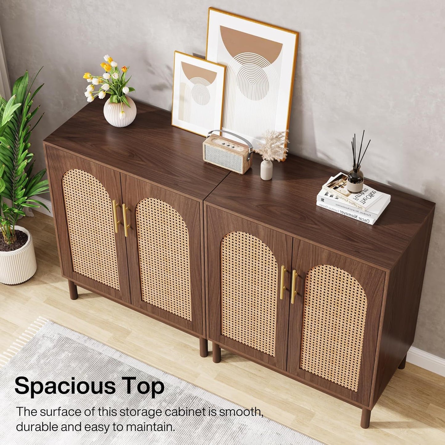 Sideboard Buffet Cabinet With Handwoven Rattan Doors (Set of 2) - Dark Brown