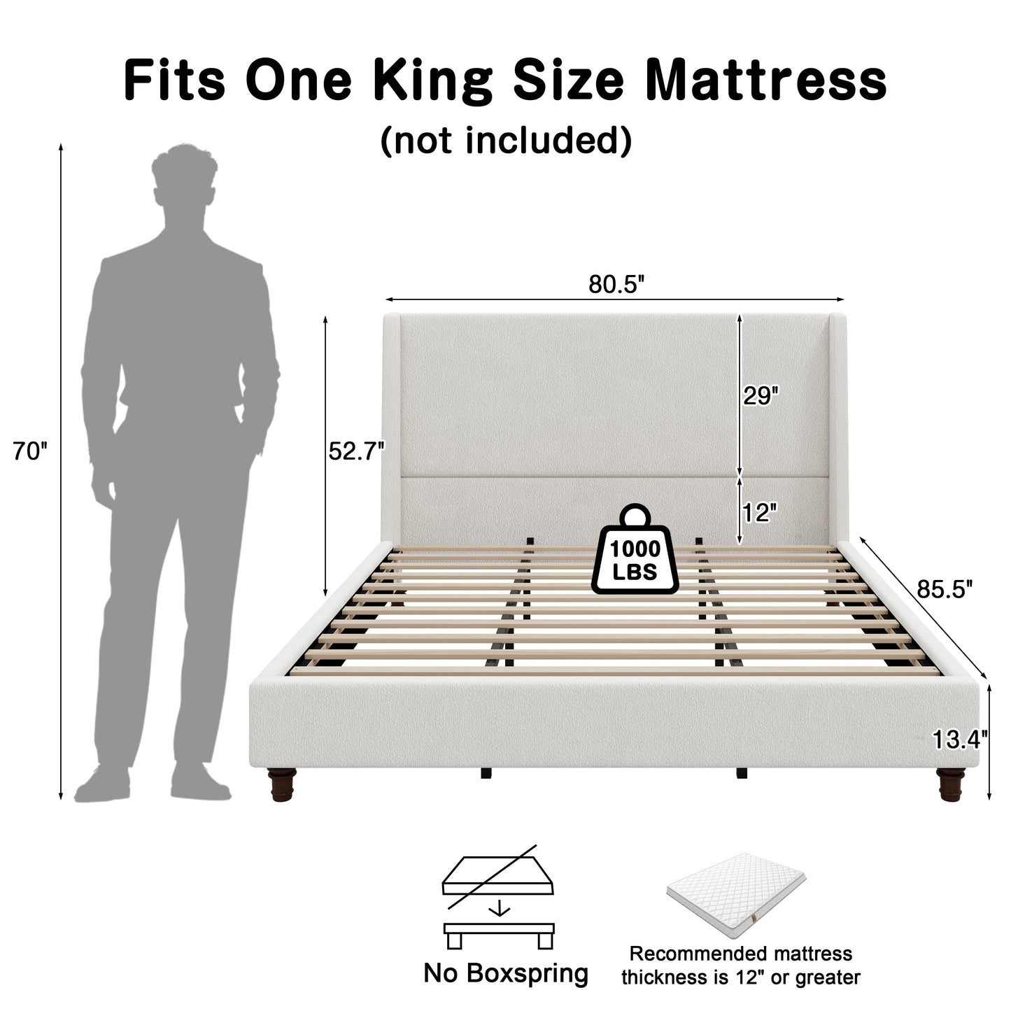 52.7" Tall Wingback Upholstered King Size Platform Bed Frame