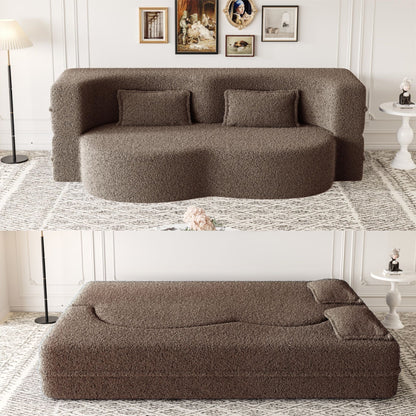 Modern Floor Sofa With Two Pillows Convertible Teddy Fabric Foam Filled Bed