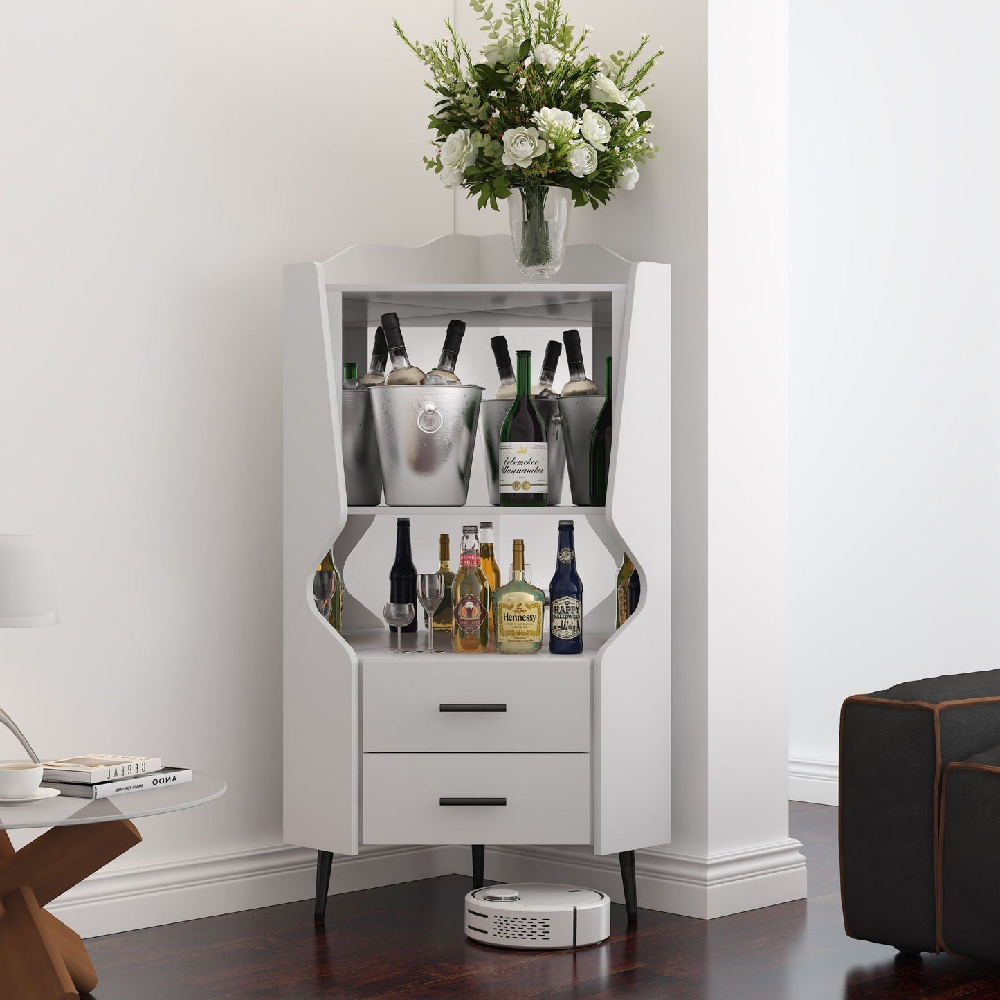 Corner Bar Cabinet With Mirrored Back, 2 Open Shelves & 2 Drawers