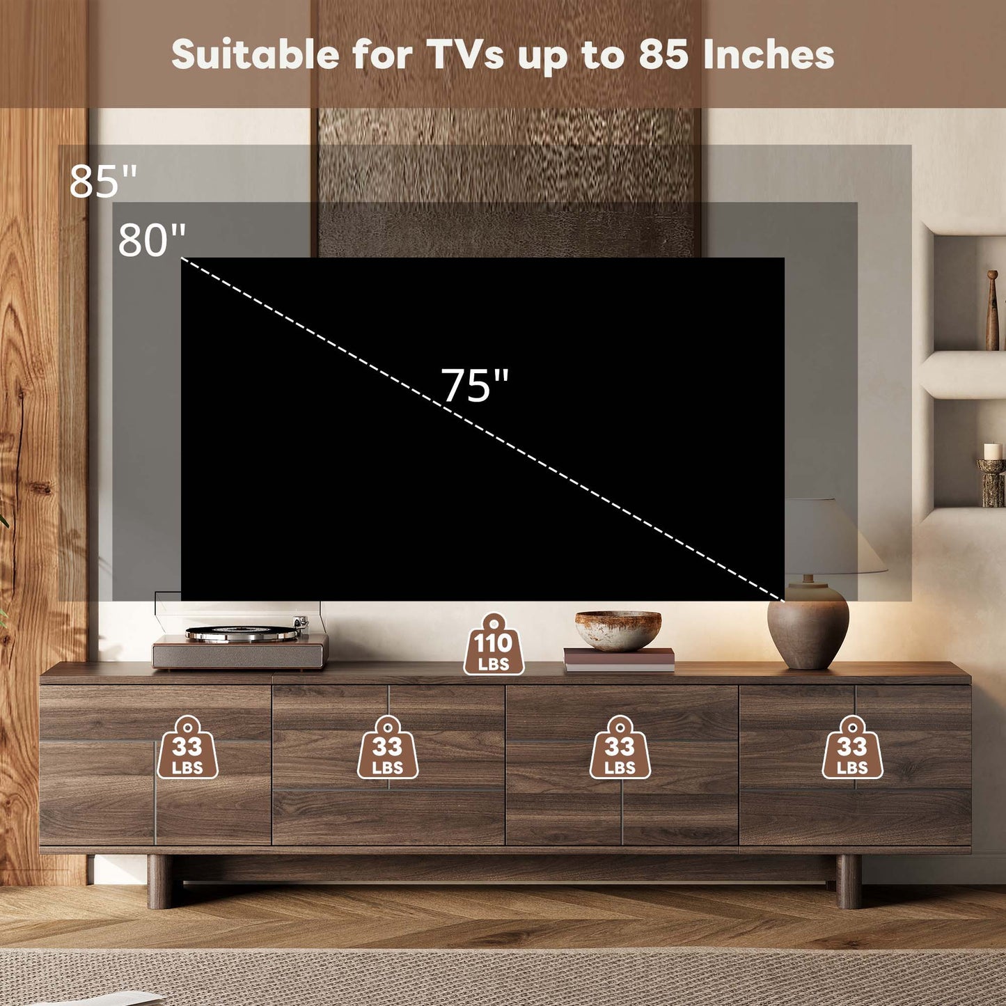 TV Stand For TVs Up To 85", Entertainment Center, Cable Management, Push Openers, Soft Closing Hinges & Adjustable Shelves - Dark Brown