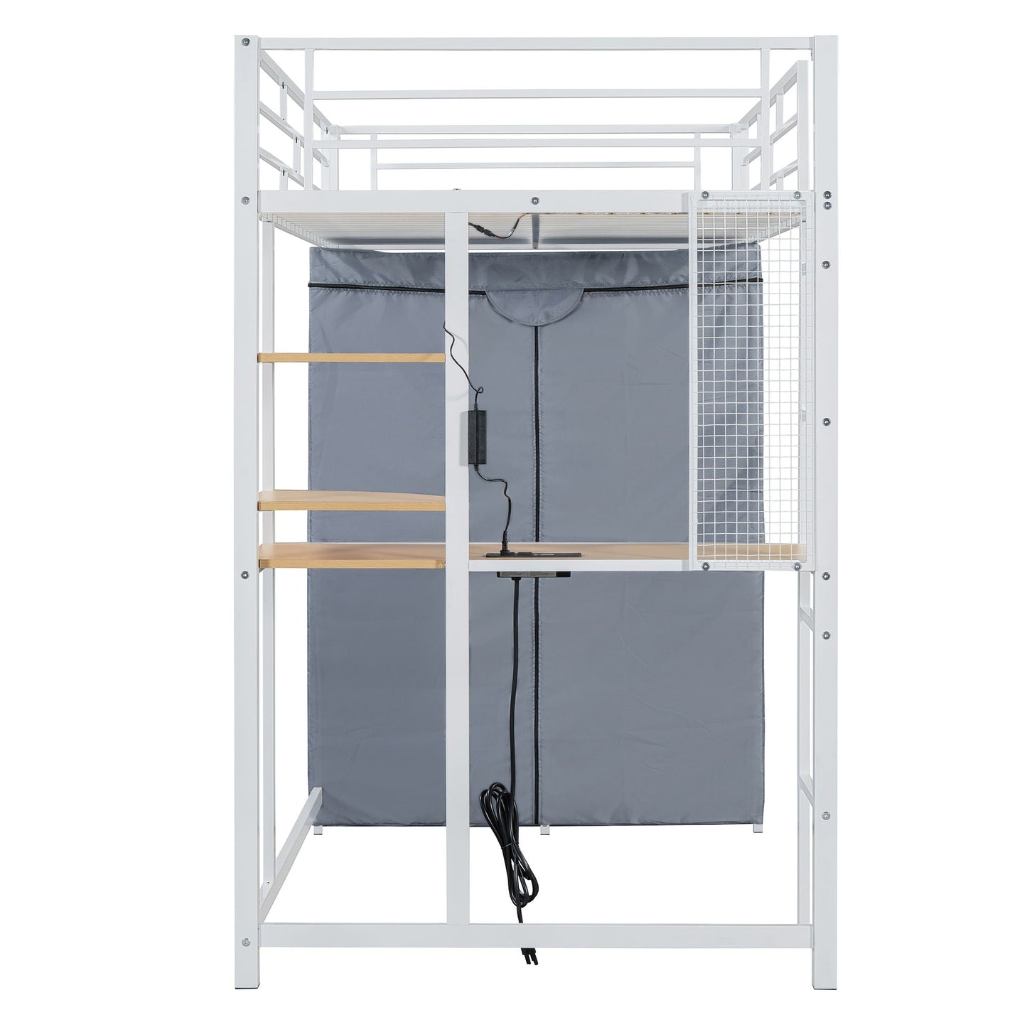 Loft Bed With Desk, Shelves, Power Outlet, LED Light And Wardrobe