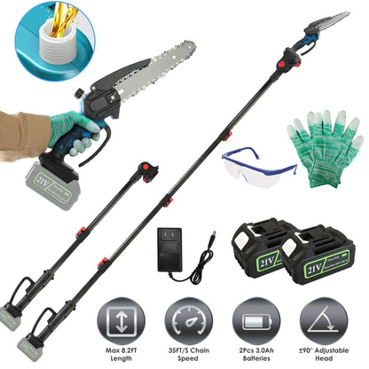 2-In-1 8Ó Cordless Electric Pole Saw and Mini Chainsaw with Extension Poles 2Pcs 21V 3.0Ah Batteries Adjustable Length Chain Saw With Auto Oiler Safet