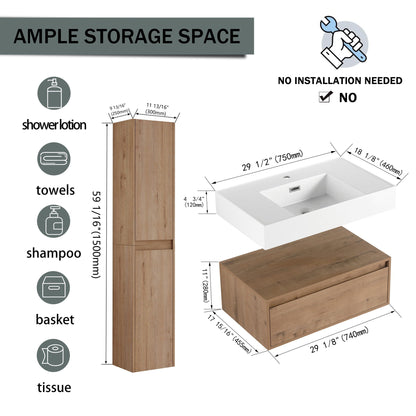Modern Wall Mounted 30 Inch Bathroom Vanity With Resin Sink And 2 Side Cabinet - Imitative Oak