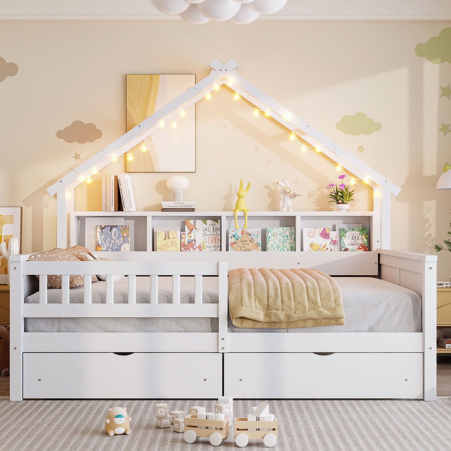 House Style Platform Bed With LED Lights, Storage Shelves, Drawers, And Guardrail