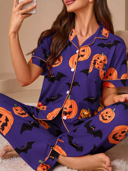 Halloween Pumpkin and Bat Print Button-Down Top and Pants Lounge Set