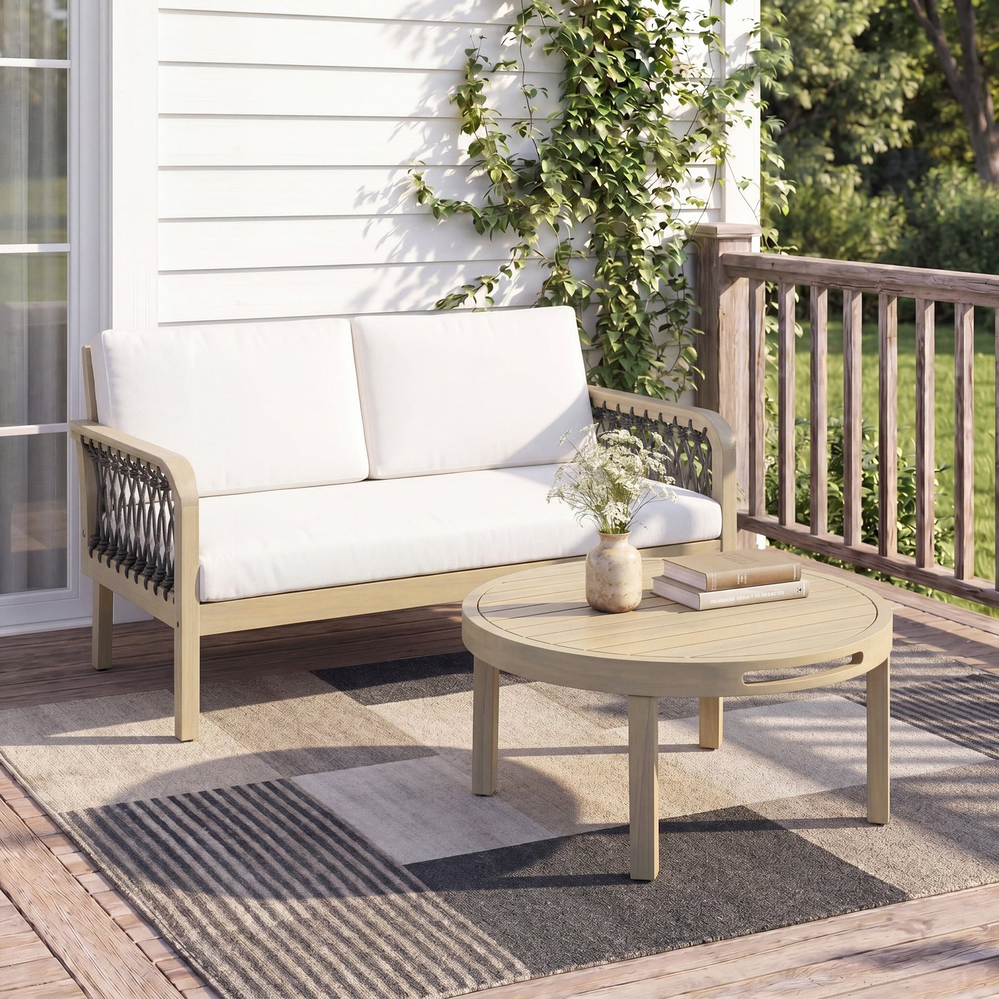 Outdoor Acacia Wood Loveseat & Coffee Table Set with Handwoven Rope, Light Teak