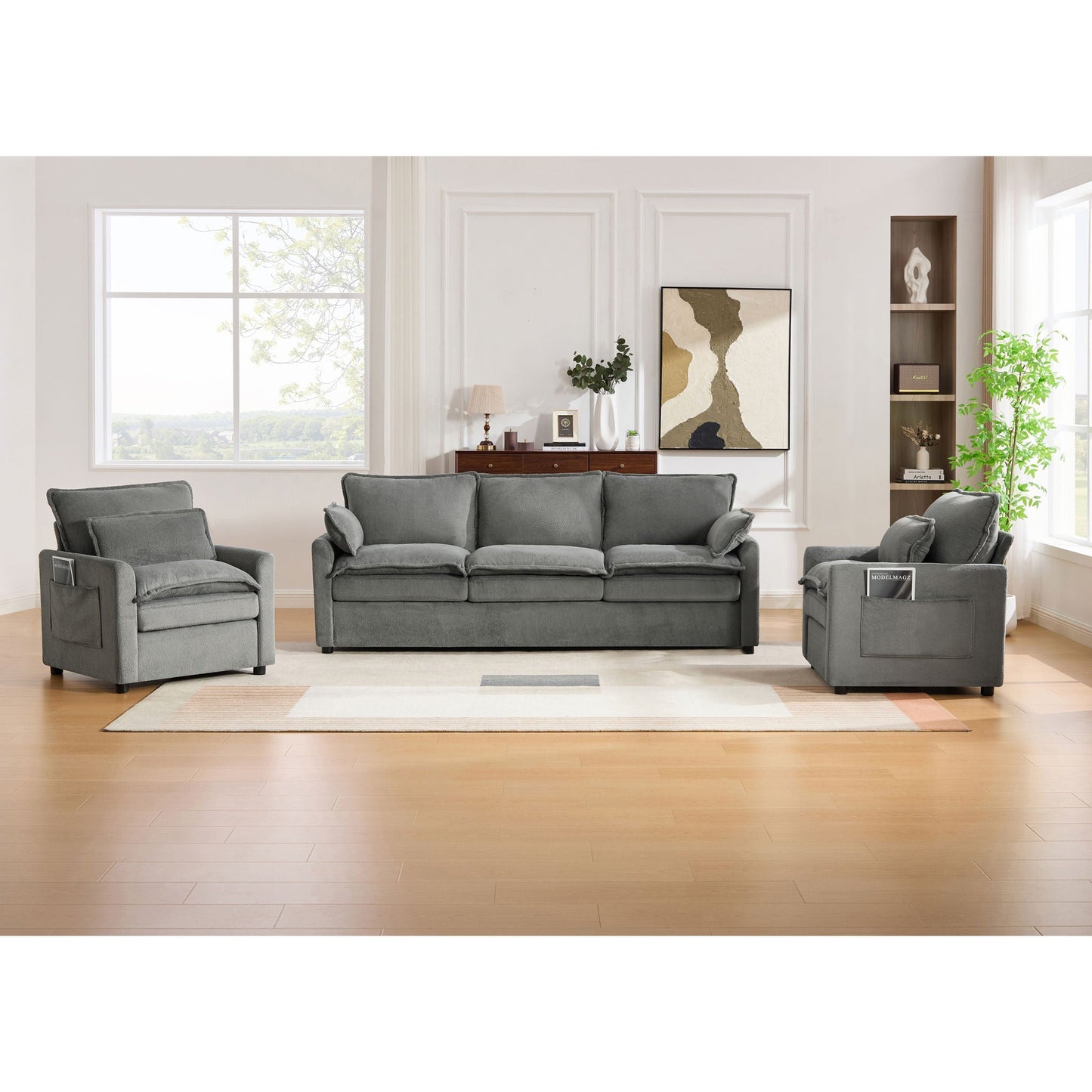 Modern Sofa Set With Double Layer Cushion And Side Storage Pockets