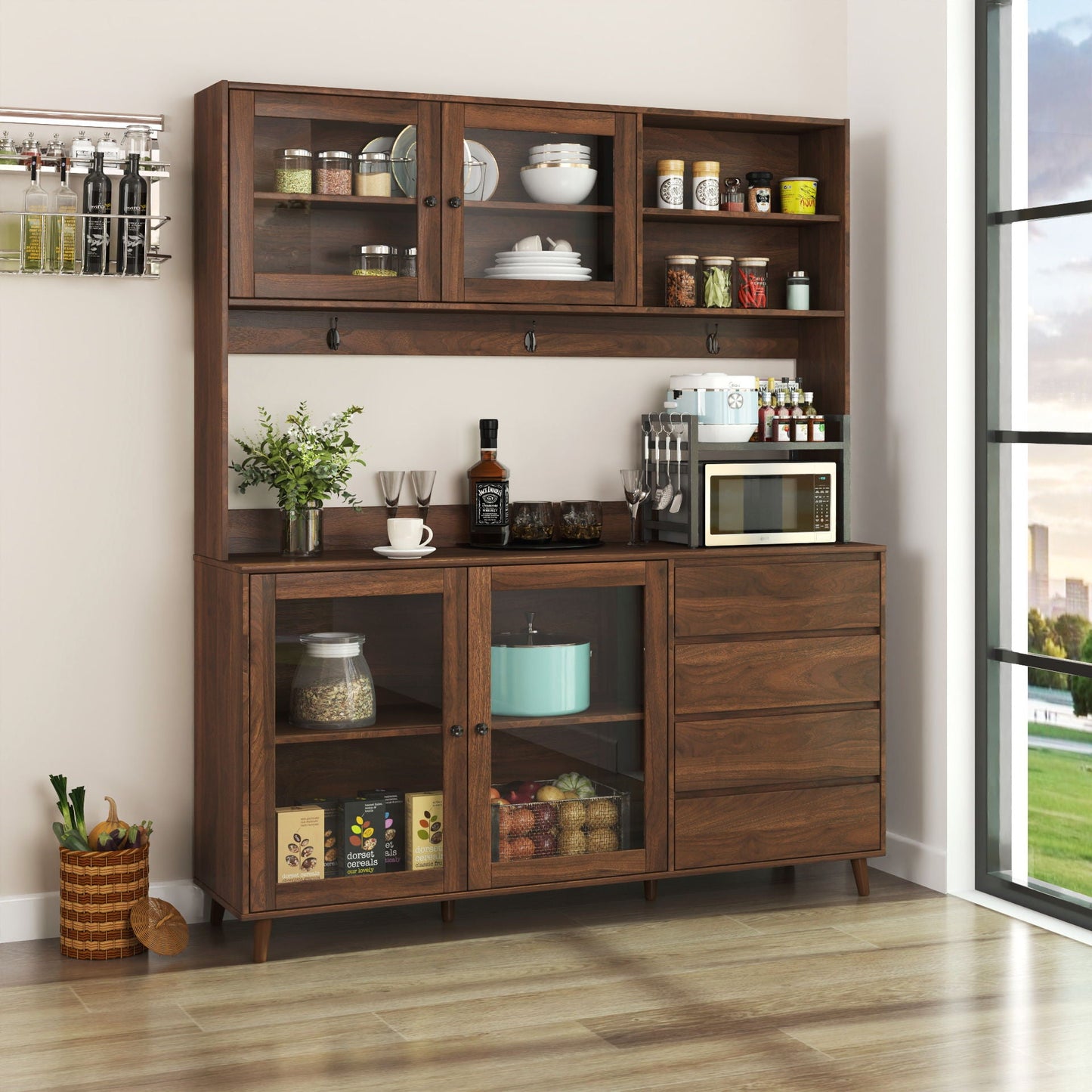 Large Kitchen Hutch Cabinet, Storage Kitchen Cupboard With 4 Doors, 4 Drawers & Microwave Shelf - Walnut