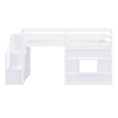 Loft Bed With Storage Staircase, Window & LED Light