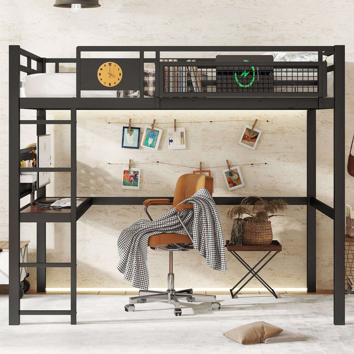 Full Size Loft Bed Frame with Desk and Charging Port