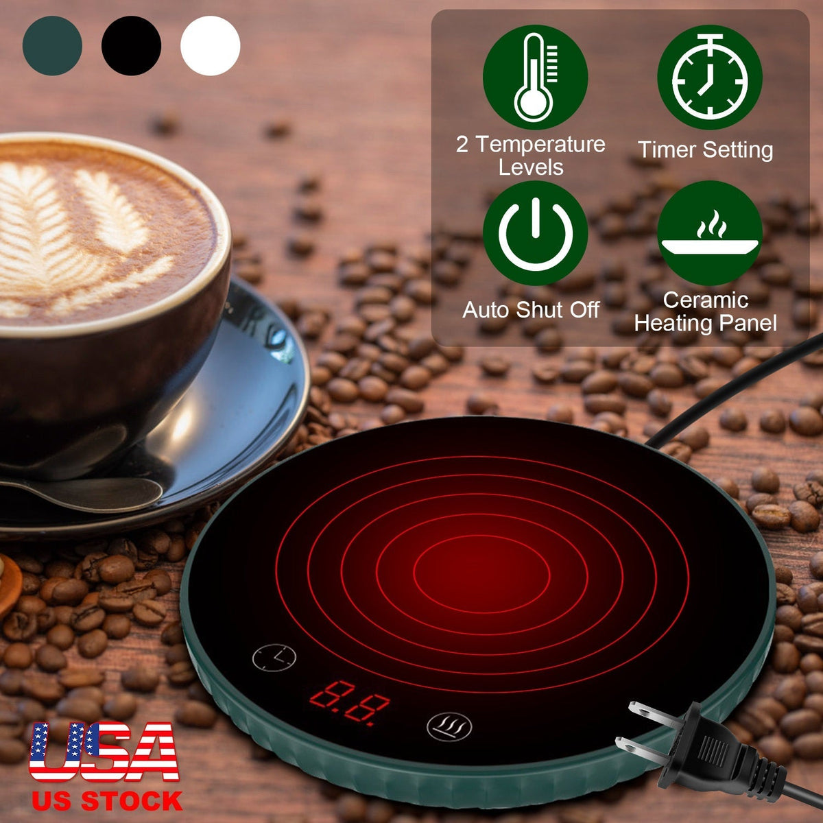 Desktop Electric Cup Warmer 8Hours Auto Off Overheating Protection Smart Timer Setting 2 Temperature Levels 104¡F to 140¡F Ceramic Heating Panel For O