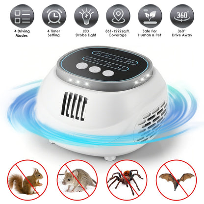 Ultrasonic Rodent Chaser Rat Repellent Pest Driver Mouse Control Squirrel Repeller with 4 Modes 4-65KHz Strobe Light 4 Timer 1292sq.ft. Coverage for R