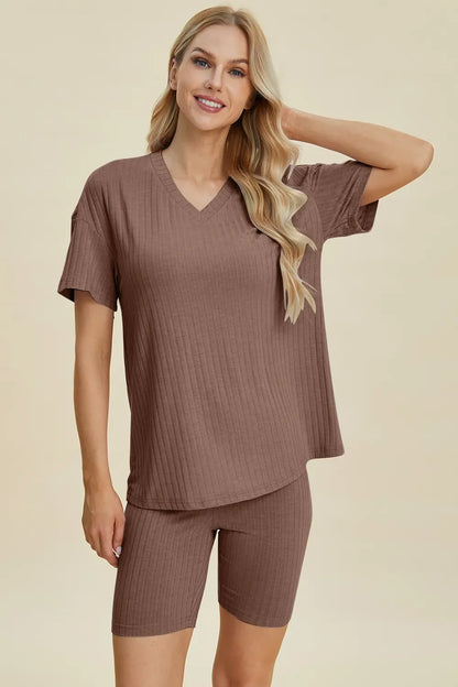 Plus Size Ribbed V-Neck Top & Shorts Set