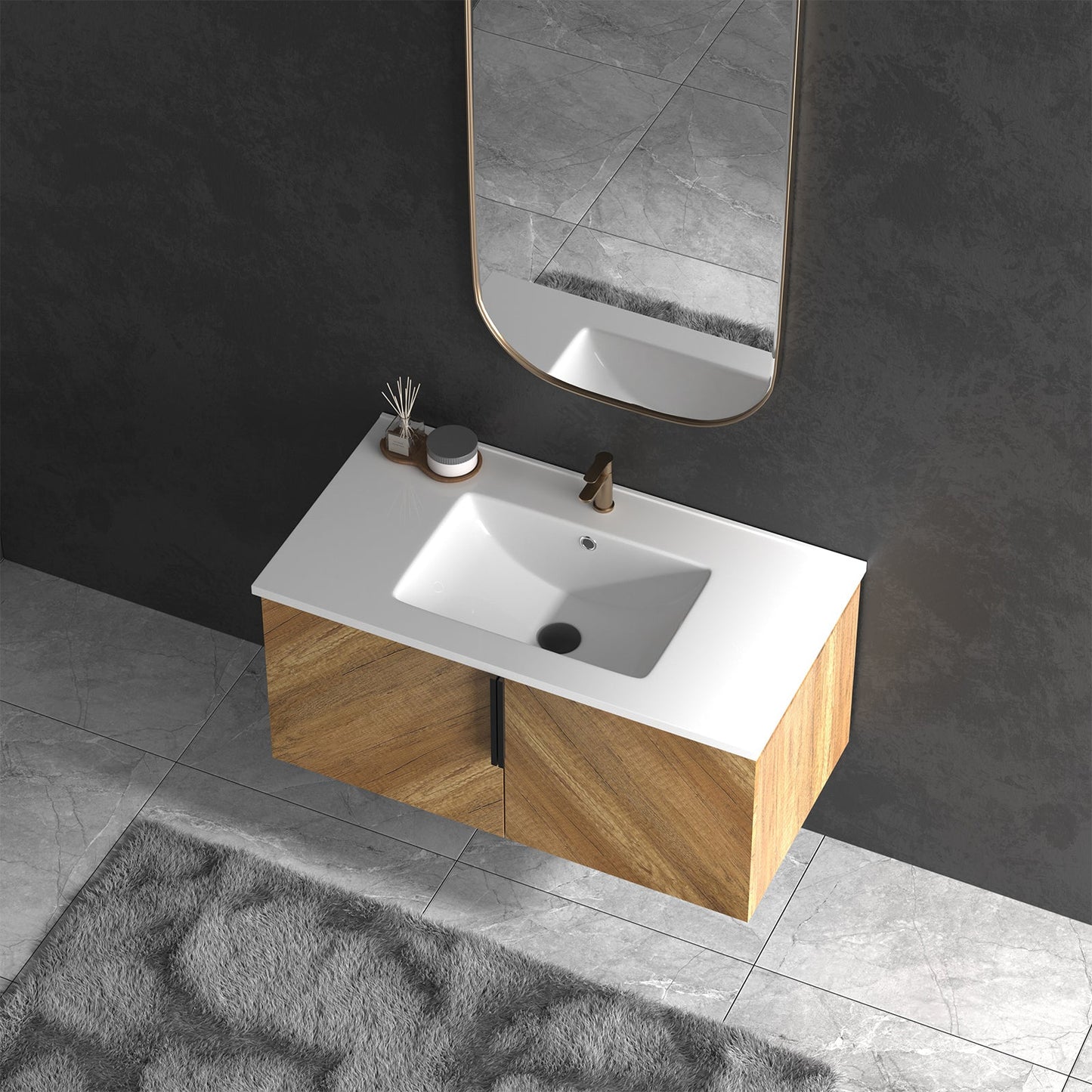 36 Inch Wall-Mounted Bathroom Vanity with 3D Fluted Panel & Ceramic Integrated Sink