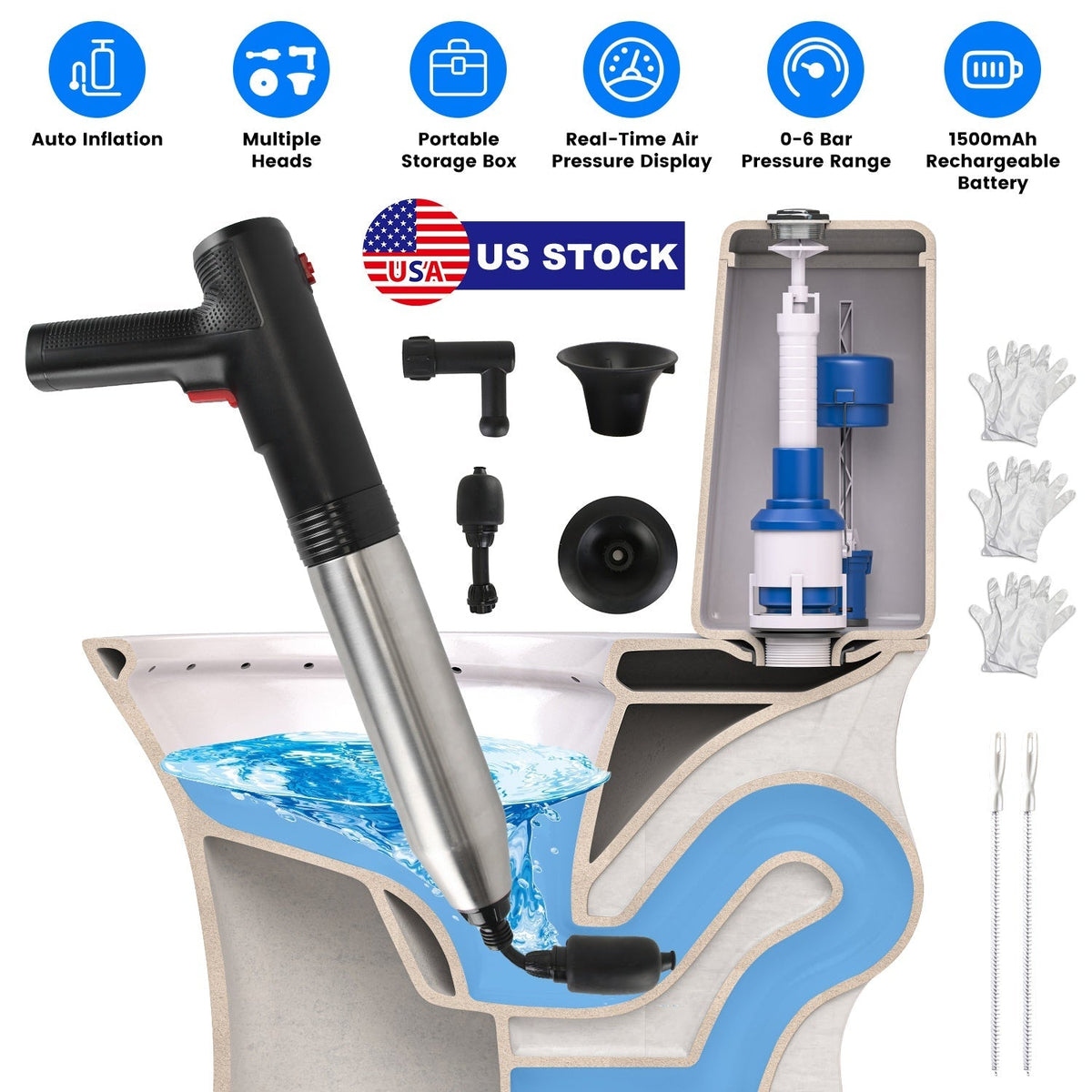 Electric Toilet Plunger High Pressure Air Plunger Air Drain Blaster Drain Clog Remover with Real Time Pressure Display for Toilets Bathroom Floor Drai