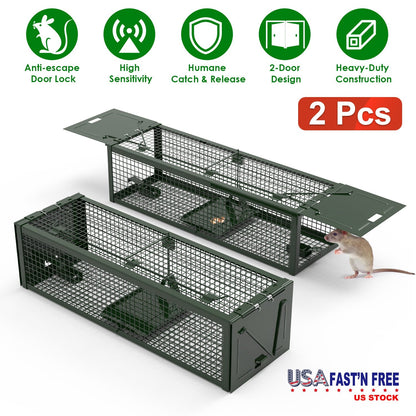 2-Pack Humane Live Rat Trap Cage with Dual Doors