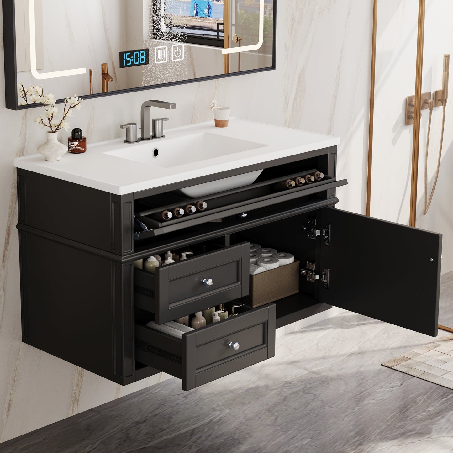 36" Wall Mounted Bathroom Vanity with Ceramic Sink and Storage