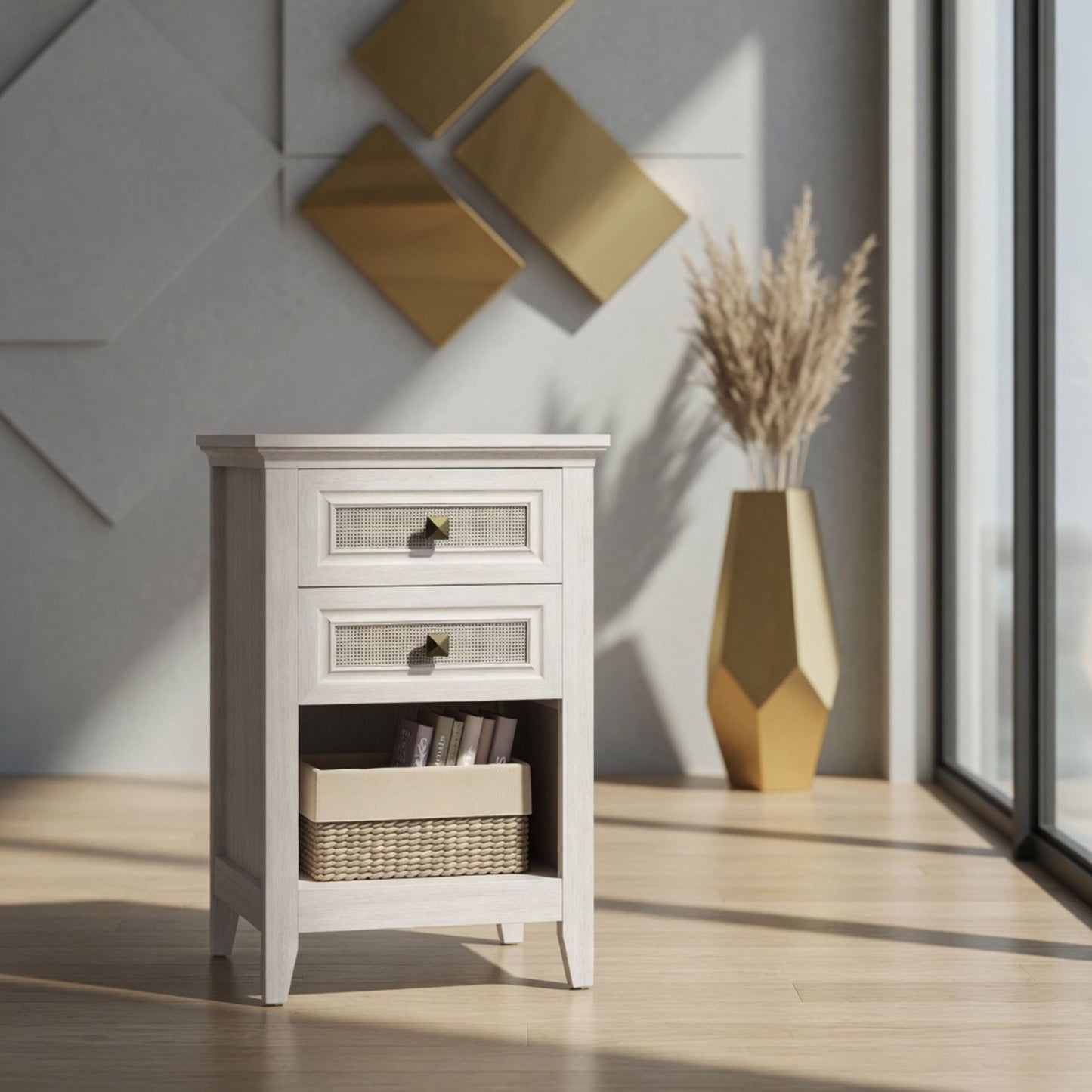 Nightstand With 2 Drawers & Shelf - White