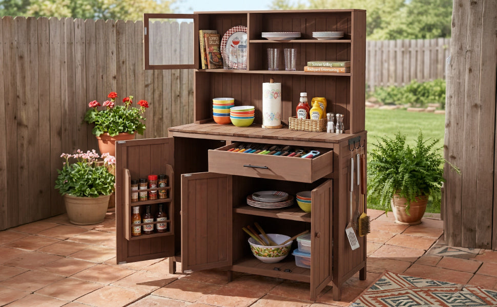 TOPAMX Potting Bench with Hutch, Solid Fir Wood Garden Workstation