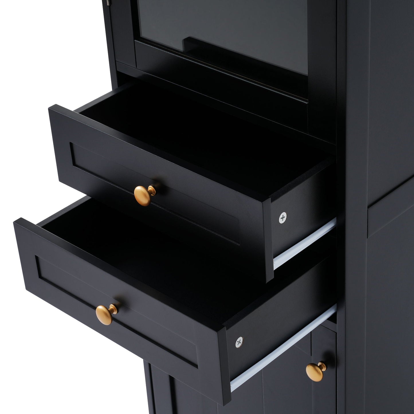 Tall Bathroom Storage Cabinet With Glass Doors, Free-Standing, Two Drawers, And Adjustable Shelves, Board, Painted Perfect For Displaying Your Favorite Items