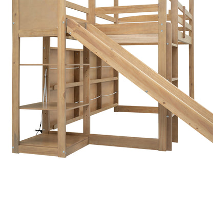 House Loft Bed With Slide, Storage Shelves And Light, Climbing Ramp
