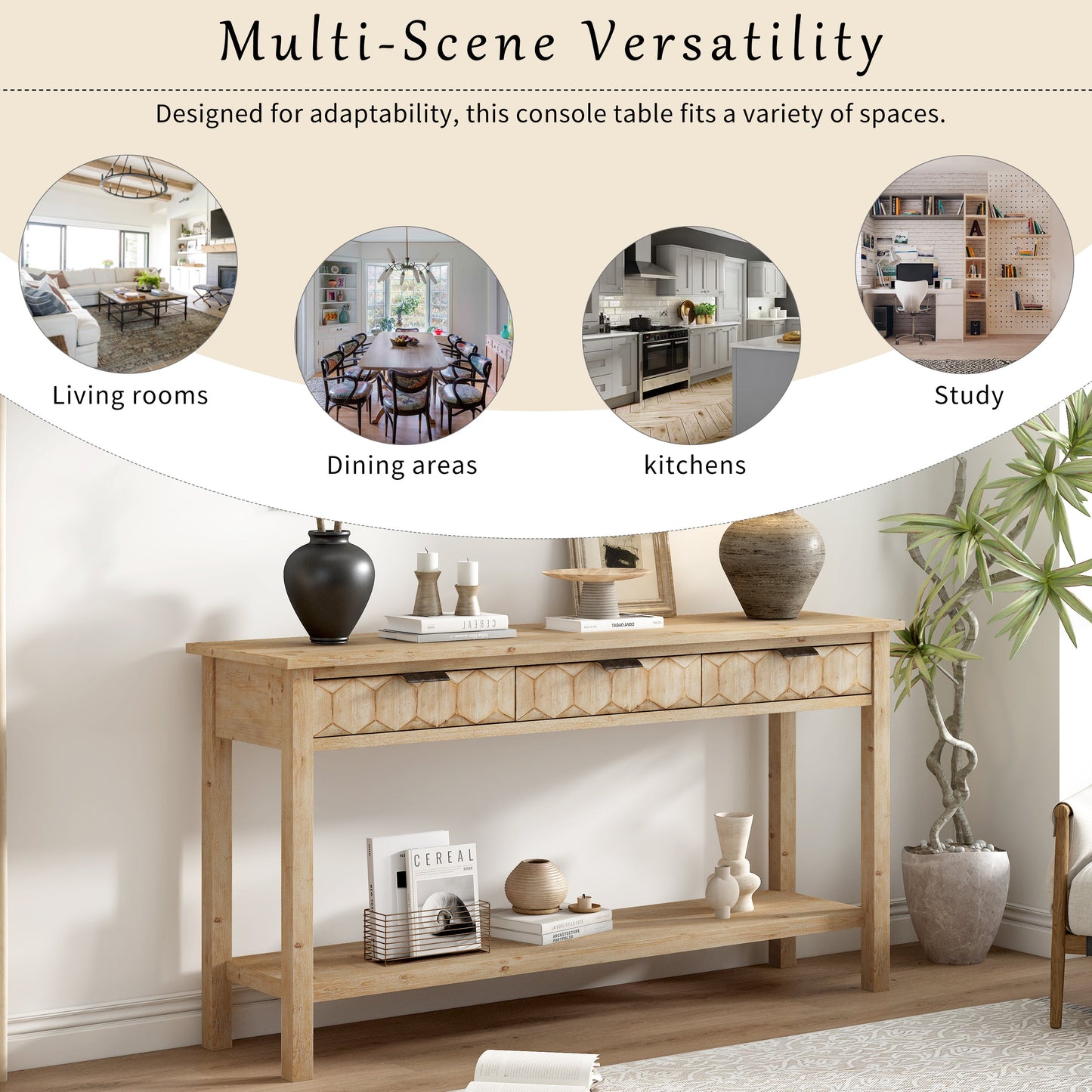 U_Style 58.3'' Fir Veneer Entryway Table with Honeycomb-patterned Fronts