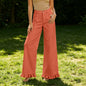 High-waisted Cotton-linen Wide-leg Pants With Ruffled Hem