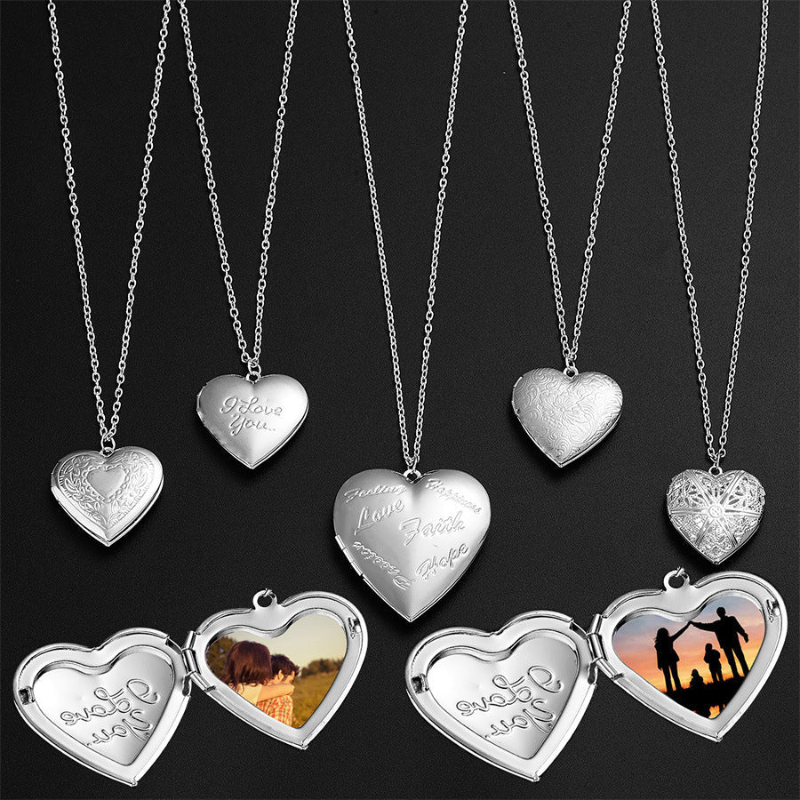 New Silver Carved Design Love Necklace Personalized Heart-shaped Photo Frame Necklace For Women Jewelry For Valentine's Day