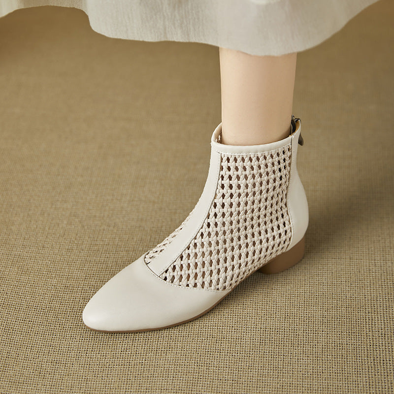 Retro-style Minimalist Elegant Cowhide Low-heeled Shoes With A Back Zipper For Women