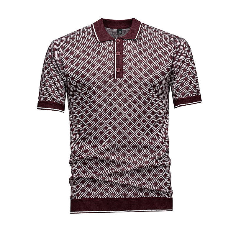Men's Short Sleeve Knit Polo Shirt, Burgundy Diamond Geometric Jacquard, Smart Casual Retro Style, Breathable Knitted Top